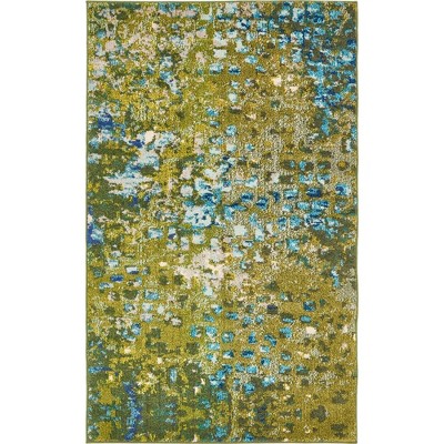 Green Abstract Synthetic Rectangular Easy Care Area Rug