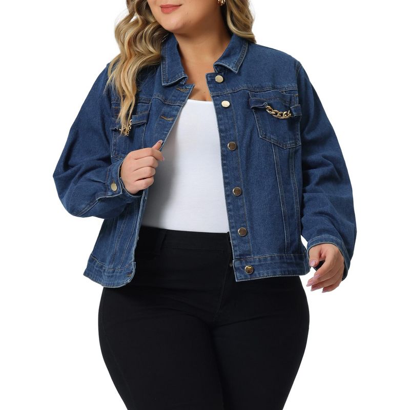 Women's Plus Size Denim Button Up Long Sleeve Casual Croped Jean Jackets with Pocket - Agnes Orinda Blue 1X