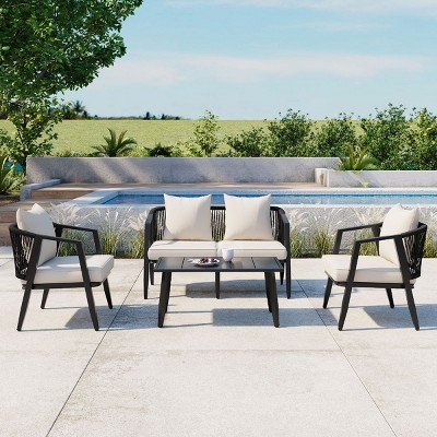 4-Piece Outdoor Patio Seating Set, Rope Woven Backrest Chair with Coffee Table, Iron Frame Chairs with Foam Cushions and Pillows-Cuddlewood