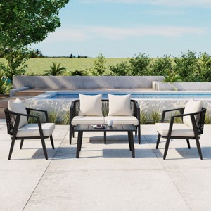 4 Piece Modern Poolside Seating Set,Woven Rope Back Outdoor Patio Conversation Set,Metal Garden Furniture Set with Cushions-Coolbibila - 1 of 4
