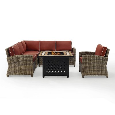 Bradenton 5pc Outdoor Wicker Sectional Set with Sectional, Arm Chair & Fire Table - Sangria - Crosley