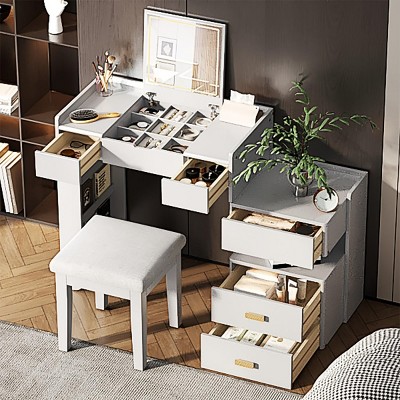 INFURNIC Vanity Tables 3 in 1 Makeup Vanity Desk with Flip Top Mirror and Adjustable Storage for Bedrooms, White, 45.25"*16.3"*31.3"