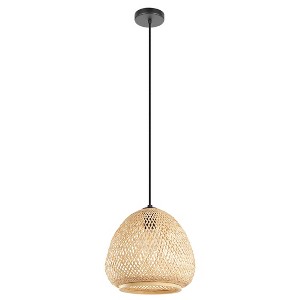 EGLO 12.6" Dembleby Pendant Black Finish with Natural Wood Shade : Modern Overhead Kitchen Fixture, ETL Listed - 1 of 4