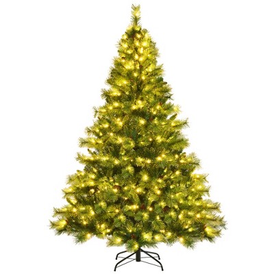 Costway 7ft Pre-lit Hinged Christmas Tree w/ 1233 Glitter Tips & Pine Cones