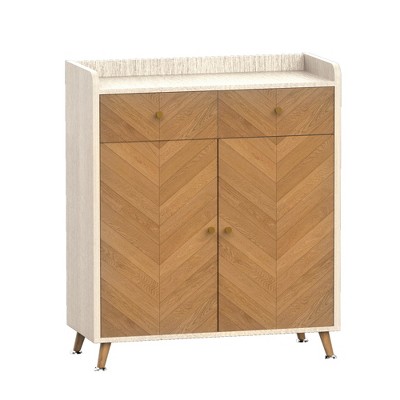Lycvki 4-Tier Freestanding Herringbone Wooden Shoe Cabinet with 2 Drawer and Adjustable Shelves