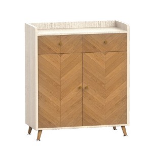 Lycvki 4-Tier Freestanding Herringbone Wooden Shoe Cabinet with 2 Drawer and Adjustable Shelves - 1 of 4