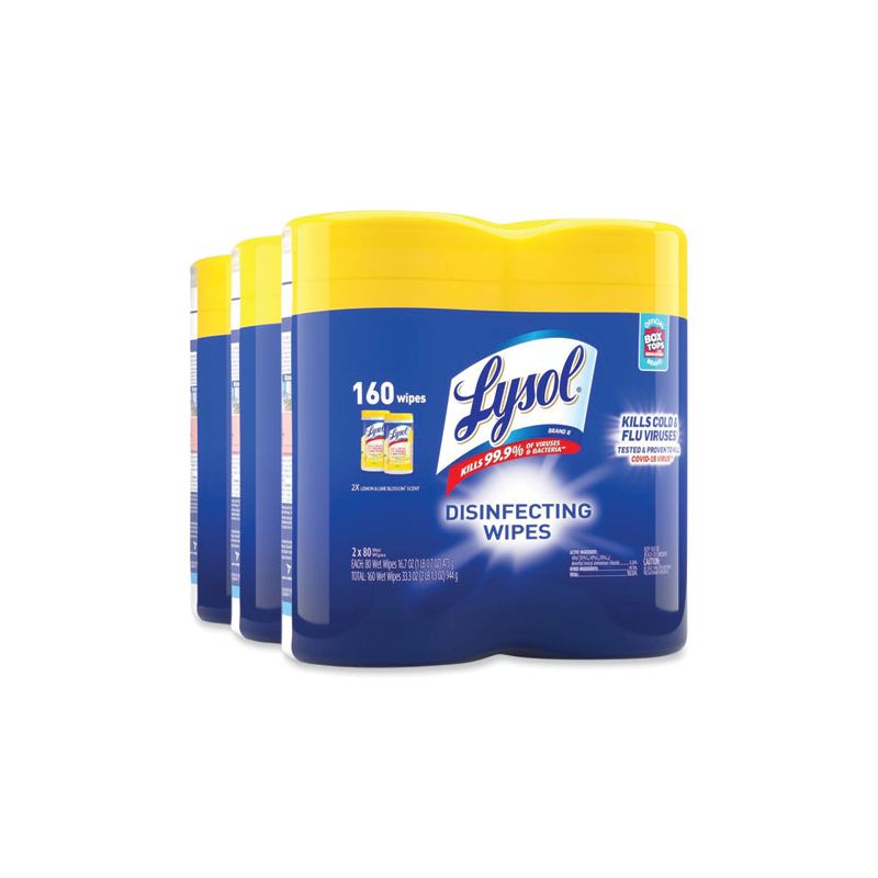 LYSOL Brand Disinfecting Wipes, 1-Ply, 7 x 7.25, Lemon and Lime Blossom, White, 80 Wipes/Canister, 2 Canisters/Pack, 2 of 8