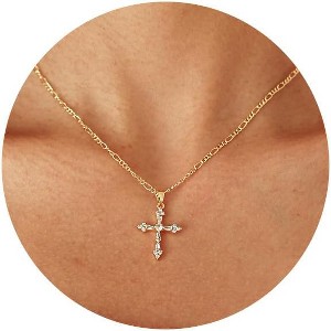 Dainty Gold Cross Necklace for Women, 14K Gold Plated Small Pendant Choker - 1 of 4