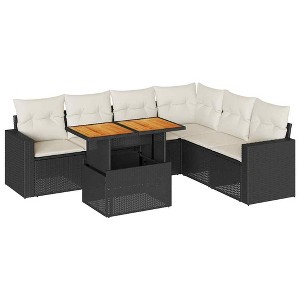 vidaXL Patio Sofa Set with Cushions Sectional Lounge Set 7 Piece Poly Rattan - Black and Cream 3x Corner + Table + 3x Middle - 1 of 4