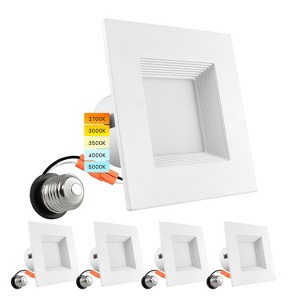 Luxrite 4 Inch Square Recessed LED Can Light, 5CCT 2700K-5000K, Dimmable Recessed Lights, 750LM, Energy Star, Wet Rated, Baffle Trim 4 Pack - 1 of 4