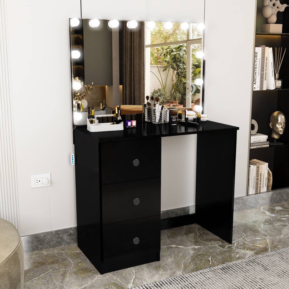 Elvira Lighted Makeup Vanity Black - Boahaus: 3 Drawers, 14 LED Bulbs, Modern Design, 53.5'' H