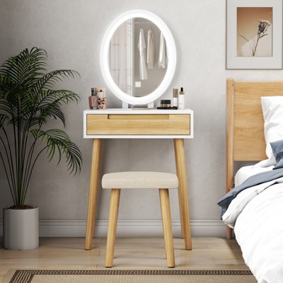 Elecwish Wood Small Vanity Table with Mirror and Chair