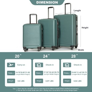 Vynxaria 3-Piece Green ABS Lightweight Luggage Set 20/24/28" with Two Hooks Spinner Wheels TSA Lock - 1 of 4
