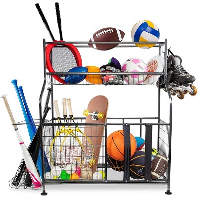 RaxGo Garage Sports Organizer, Ball Storage Rack, Equipment Storage System for Balls, Bats, Rackets, Helmets, Toy's & Other Sports Gear, Heavy-Duty Steel, Hanging Hooks & Adjustable Support Feet