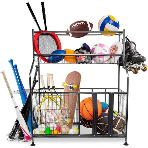 Miumaeov Sports Equipment Organizer with Baskets and 6 Hooks Portable 3 Basketball Rack Holder Movable Garage Ball Shelves for Sports Gear Toys Home