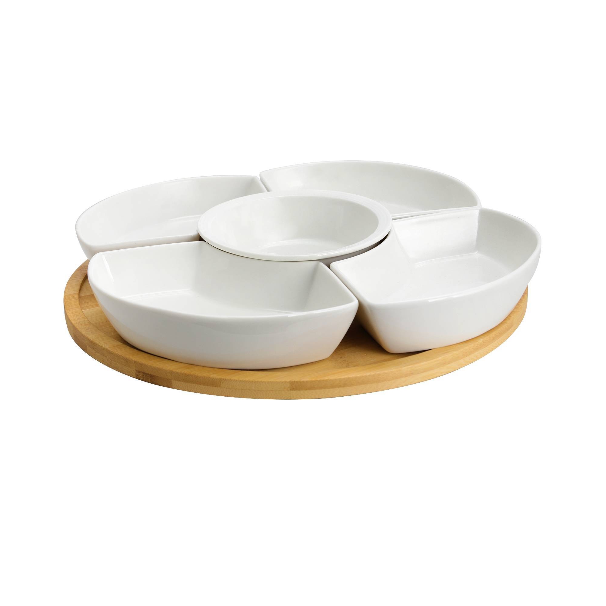 6pc Stoneware Beautiful Rounds Party Serving Set White - Elama: Entertaining Serveware & Condiment Bowls, Lazy Susan