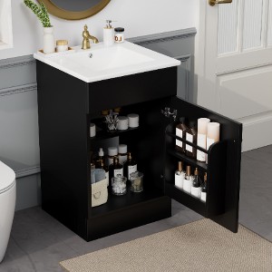 Lyngins 18" Freestanding Bathroom Vanity with Ceramic Sink, Vanity Cabinet with Door Shelf & Adjustable Shelf, Bathroom Storage Cabinet - 1 of 4