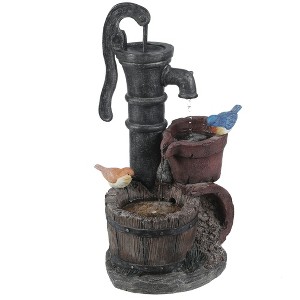 LuxenHome 25 Inch Rustic Pump and Barrel Small Outdoor Water Fountain with Cascading Water Flow Gray - 1 of 4