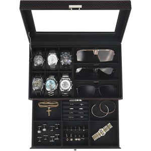 6-Slot 2-Layer Watch Case and Sunglasses Storage with Large Glass Lid, Men's Jewelry Box with Lock - 1 of 4