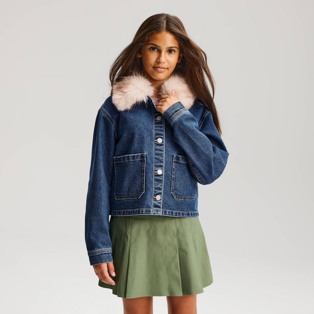 Girls' Faux Fur Collar Denim Jacket - art class™ Blue Denim S