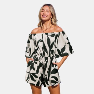 Women's Leaf Print Tropical Off-Shoulder Wide Leg Romper - Cupshe - 1 of 4