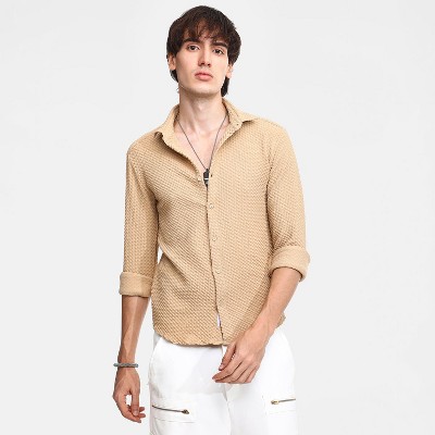Campus Sutra Men Men's Tan Brown Micro Cubic-Textured Shirt