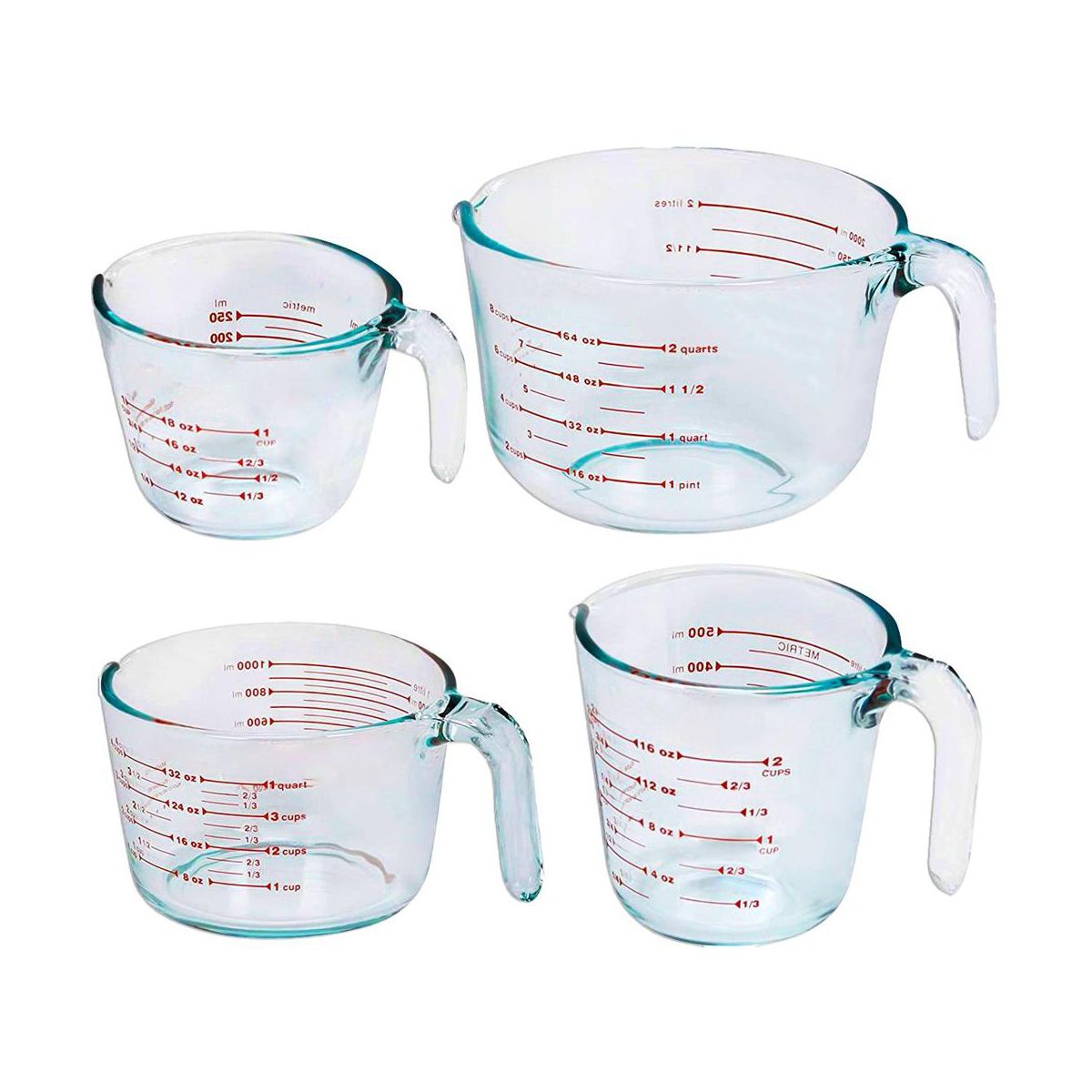 Le'raze Set of 4 Glass Measuring Cups with Measurement Markings - 1 cup, 2 cup, 4 cup, 8 cup.