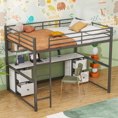 Loft Bed With Desk, Loft Bed Frame With Storage Drawers, Cabinets, Bedside Tray, Charging Station, USB And Socket For Bedroom
