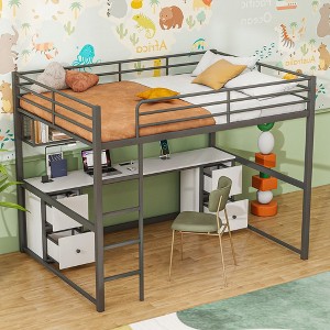 Loft Bed With Desk, Loft Bed Frame With Storage Drawers, Cabinets, Bedside Tray, Charging Station, USB And Socket For Bedroom - 1 of 4