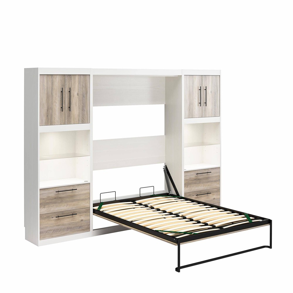 Photos - Bedroom Set Full Pinnacle Wall Bed with 2 Side Cabinets and LED Lighting White/Gray Oa