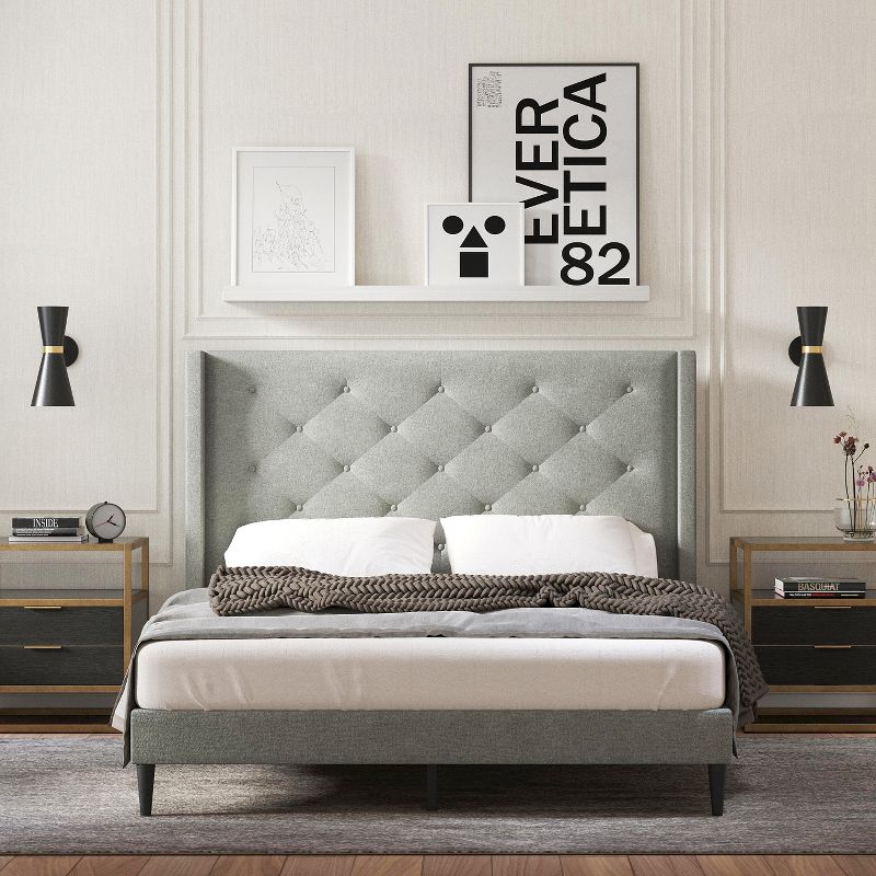 Glenwillow Home Huppe Upholstered Platform Bed Frame, Button-Tufted MCM Wingback, Mattress Foundation, No Box Spring Needed, Easy Assembly, 1 of 10