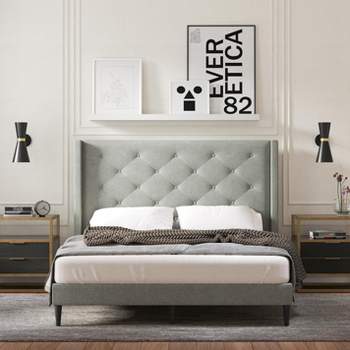 Glenwillow Home Huppe Upholstered Platform Bed Frame, Button-Tufted MCM Wingback, Mattress Foundation, No Box Spring Needed, Easy Assembly