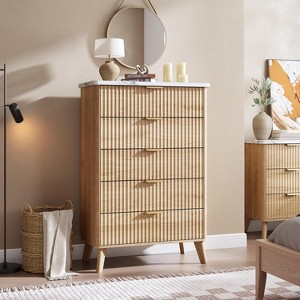 Fluted Dresser for Bedroom with 5 Deep Drawers, Tall Chest of Drawers, Curved Profile Design, Modern Wooden Dresser, for Living Room, Hallway - 1 of 4
