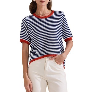 INSPIRE CHIC Women's Summer Striped Knitted Short Sleeve Trendy Loose Fit Pullover T-Shirt - 1 of 4