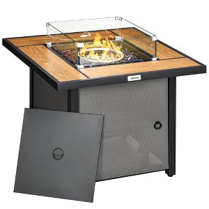 Outsunny 31.5" Propane Fire Pit Table with Lid, Square, Outdoor 50,000 BTU Gas Burner with Pulse Ignition, Rocks, Glass Guard, Waterproof Cover, Brown - 1 of 4