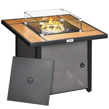 Outsunny 31.5" Propane Fire Pit Table with Lid, Square, Outdoor 50,000 BTU Gas Burner with Pulse Ignition, Rocks, Glass Guard, Waterproof Cover, Brown