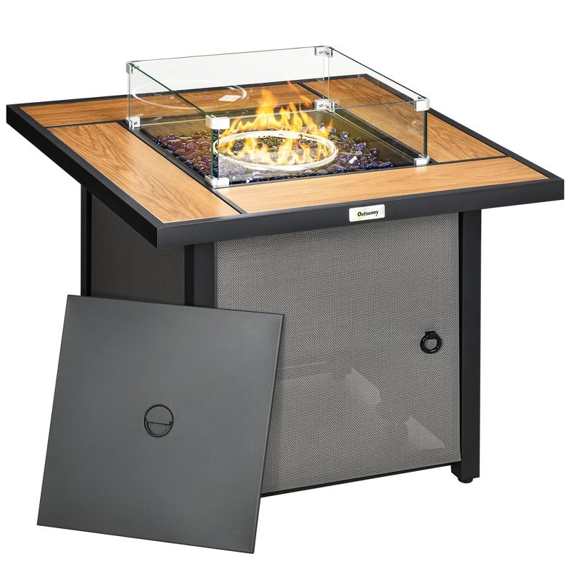 Outsunny 31.5" Propane Fire Pit Table with Lid, Square, Outdoor 50,000 BTU Gas Burner with Pulse Ignition, Rocks, Glass Guard, Waterproof Cover, Brown, 1 of 8