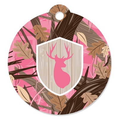 Big Dot of Happiness Pink Gone Hunting - Deer Hunting Girl Camo Baby Shower or Birthday Party Favor Gift Tags (Set of 20)