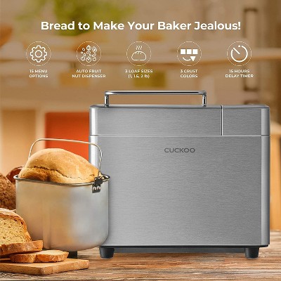 Cuckoo CBM-AAB101S Bread Maker Machine with 15 Bake Settings, 3 Crust Colors, 3 Loaf Sizes, And Up to 15 Hour Delay Timer, Silver