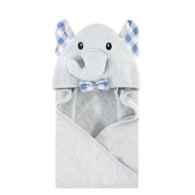 Hudson Baby Infant Boy Cotton Animal Face Hooded Towel, Gingham Elephant, One Size