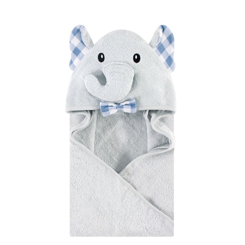Hudson Baby Infant Boy Cotton Animal Face Hooded Towel, Gingham Elephant, One Size, 1 of 3