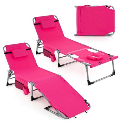 Costway 2 PCS Outdoor Folding Chaise 5-Position Lounge Chair with Adjustable Footrest Dark Pink