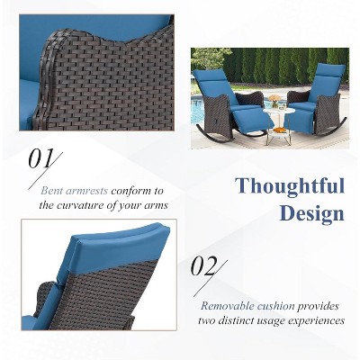 Navy Blue Wicker Outdoor Recliner Chairs with Cushions, Set of 2
