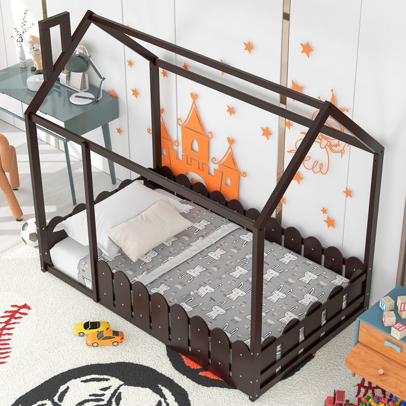Twin Size Wood Bed House Bed Frame with Fence-ModernLuxe, 2 of 10
