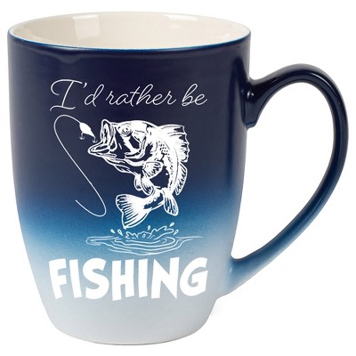 Elanze Designs I'd Rather Be Fishing Two Toned Ombre Matte Navy Blue and White 12 ounce Ceramic Stoneware Coffee Cup Mug