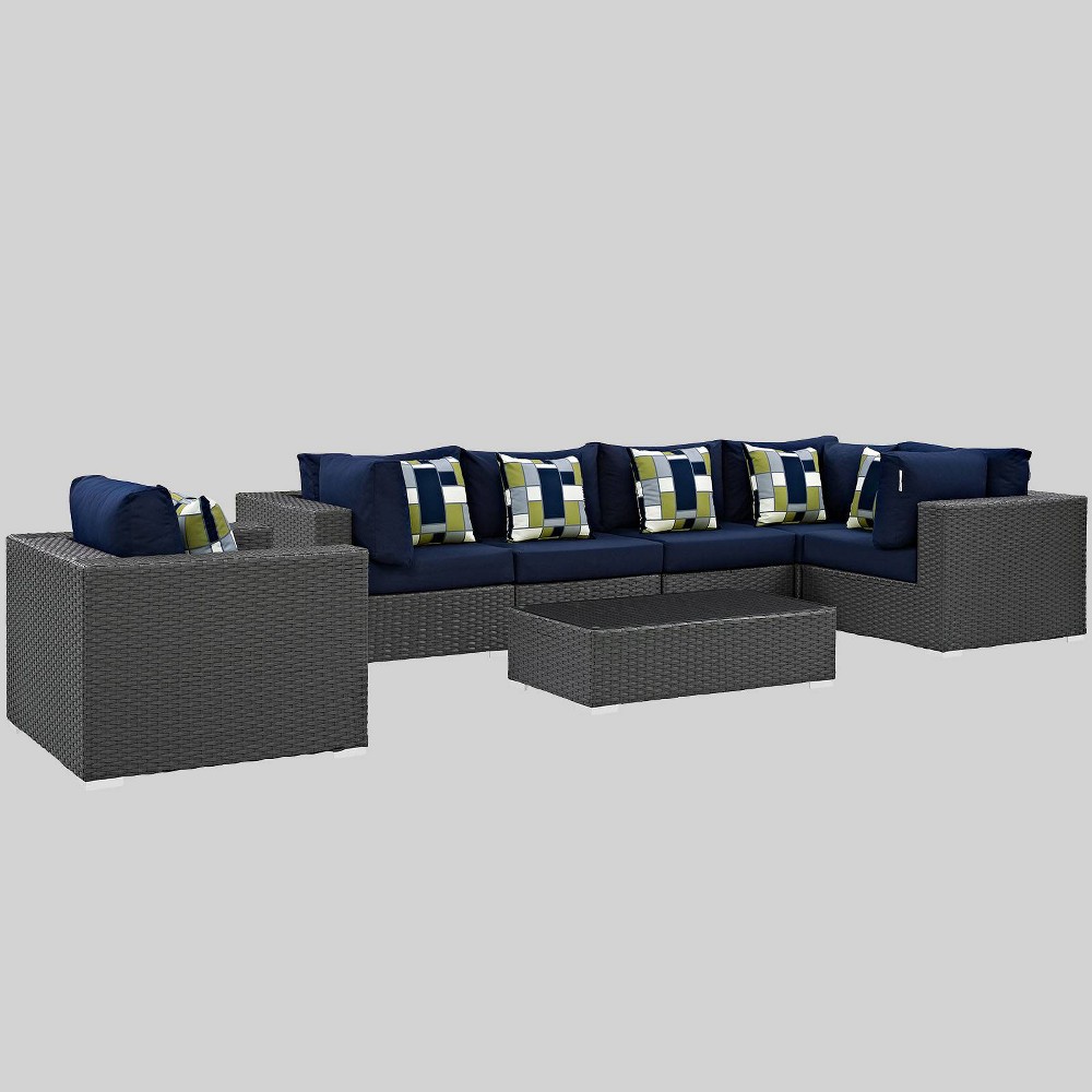 Sojourn 7pc Outdoor Patio Sunbrella Sectional Set Navy Blue Modway