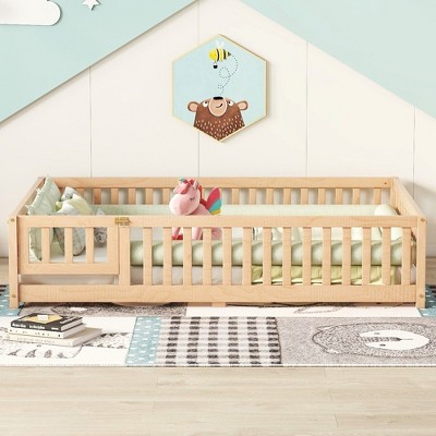 CAVINAS Full Size Wood Montessori Bed,Modern Floor Bed with Safety Guardrails and Door,Toddler Bed for Bedroom