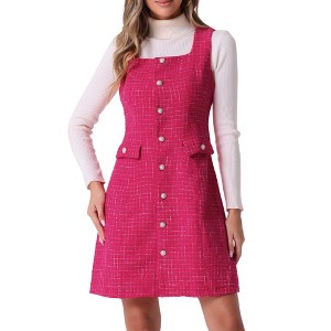 Allegra K Women's Tweed Sleeveless Square Neck Button Up A-Line Pinafore Overall Dress - 1 of 4
