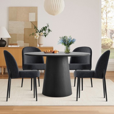 5-Piece Modern Black Dining Table Set, 46" Round Pedestal Table and 4 Upholstered Linen Chairs for Kitchen or Small Spaces-Maison Boucle