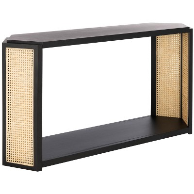 Black Wood Console Table with Woven Rattan Sides